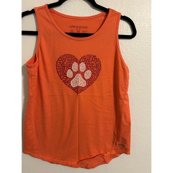 Life Is Good Tops - Life Is Good Womens Crusher Tank Top Orange Paw Print Heart Love Graphic Medium